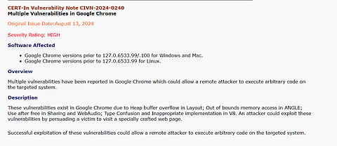 CERT-In Warning For Google Chrome Users